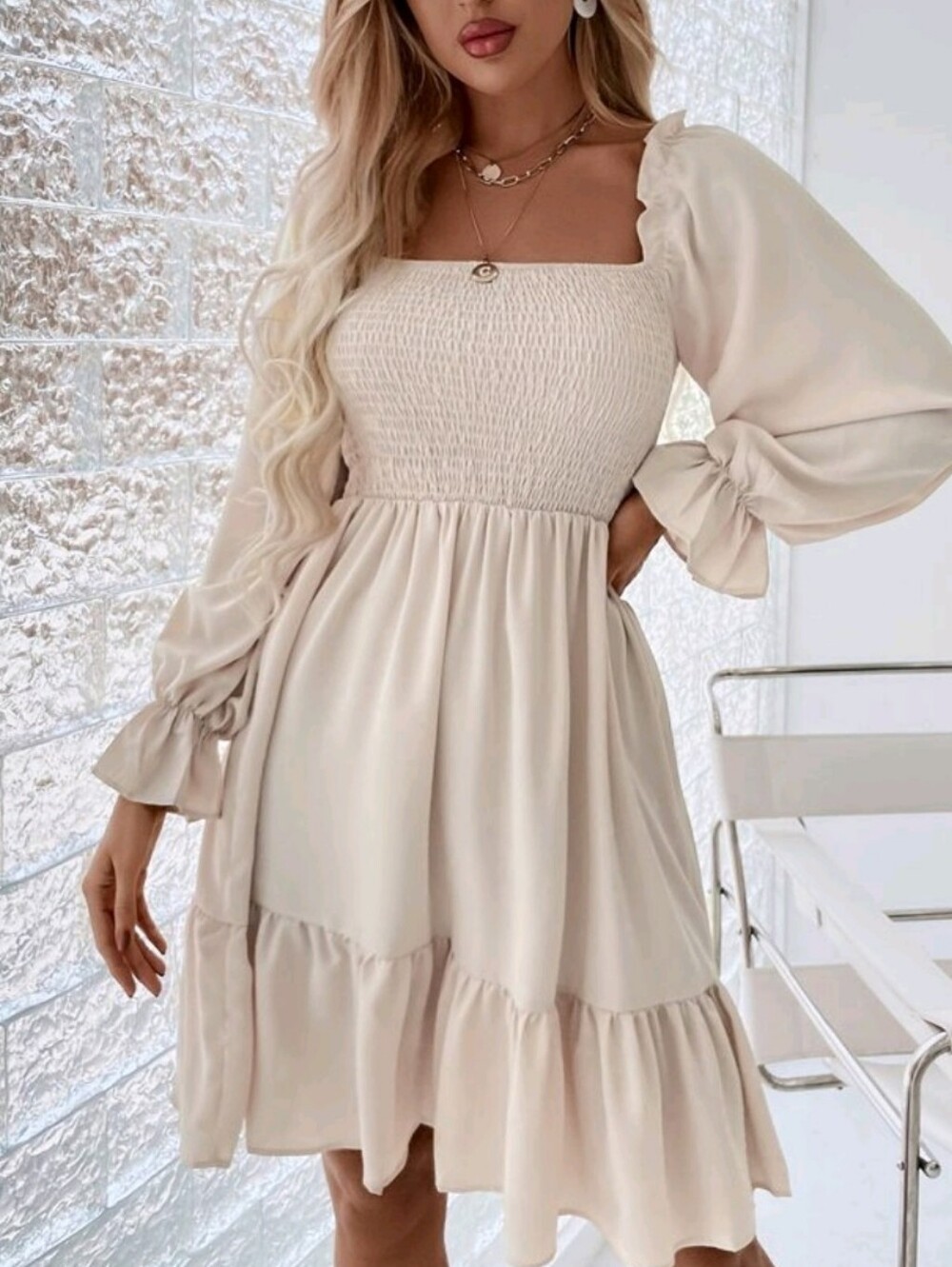 Cream Smocked Square-Neck Mini Dress with Puff Sleeves - Picture 3 of 6